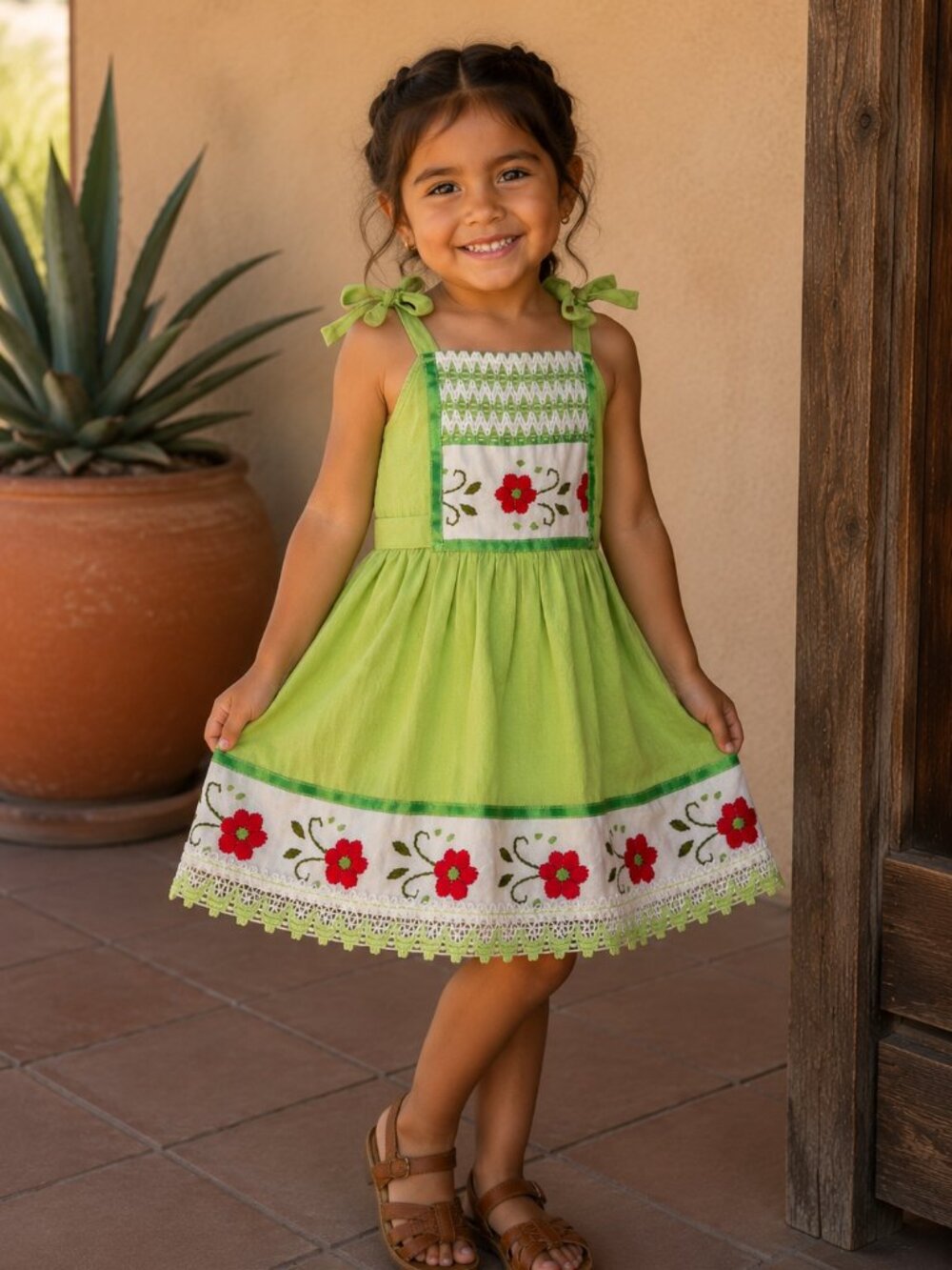 Girls 3T 4T Mexican Embroidered Floral Dress Lime Green Fiesta